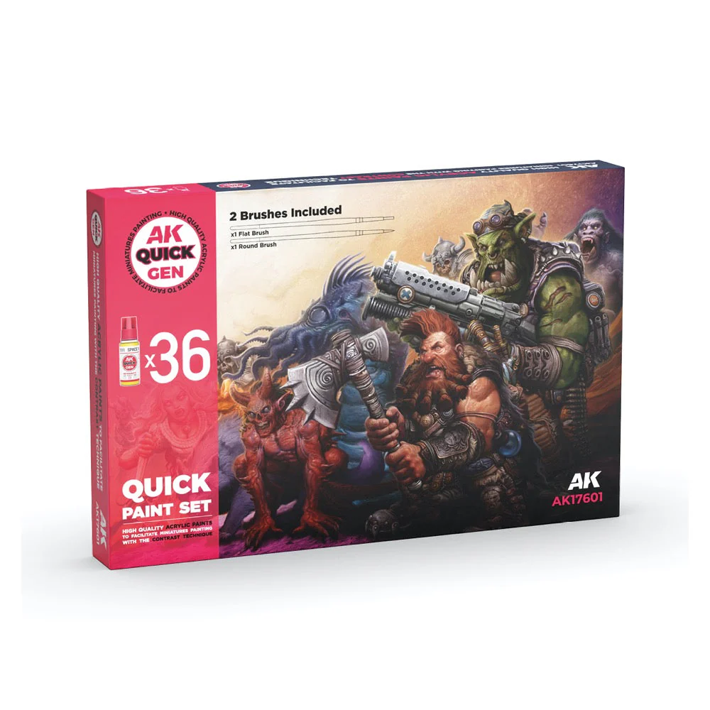 AK Interactive 17601 Quick Gen Quick Paint Set 36 Colours + 2 Brushes