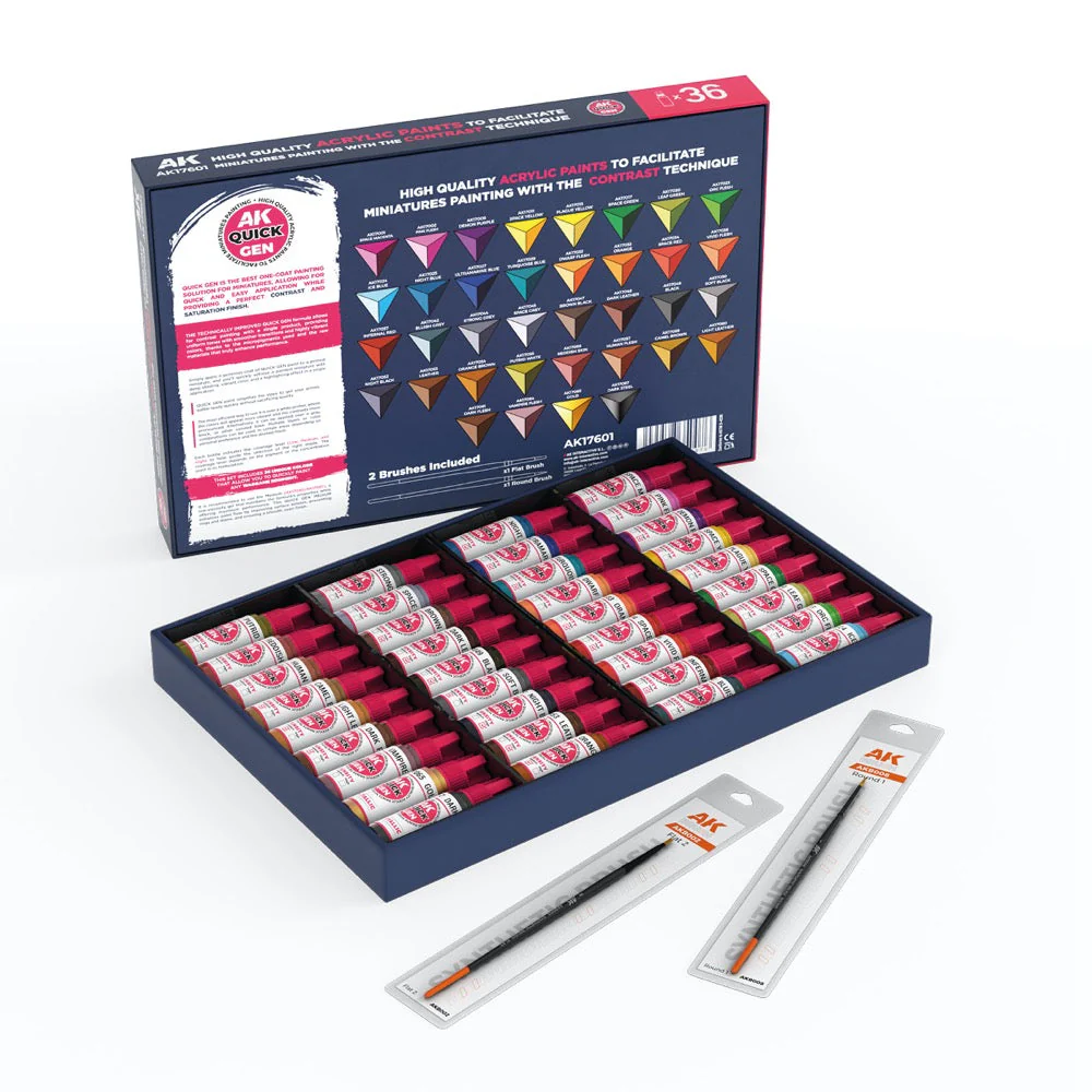 AK Interactive 17601 Quick Gen Quick Paint Set 36 Colours + 2 Brushes - Image 2