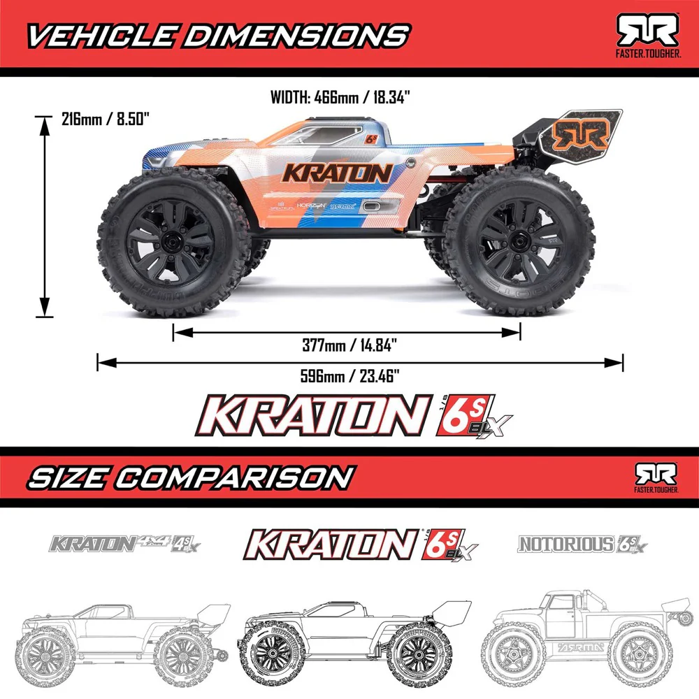 Arrma Kraton 6S BLX 4X4 1/8 Speed Monster Truck RTR Orange/Blue ARA8608V6T1 - Image 19