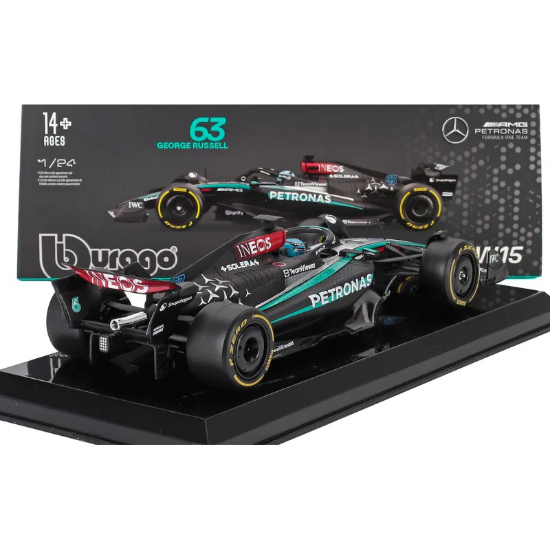 Bburago 28063R 1/24 Mercedes W15 2024 No.63 George Rusell with Helmet and Showcase - Image 2