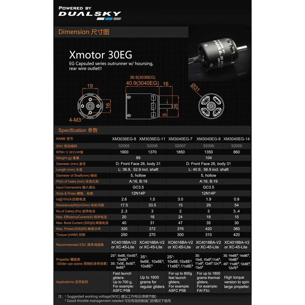 Dualsky DSXM52098 XM3036EG-14 1080kv Brushless Glider Motor - Image 3
