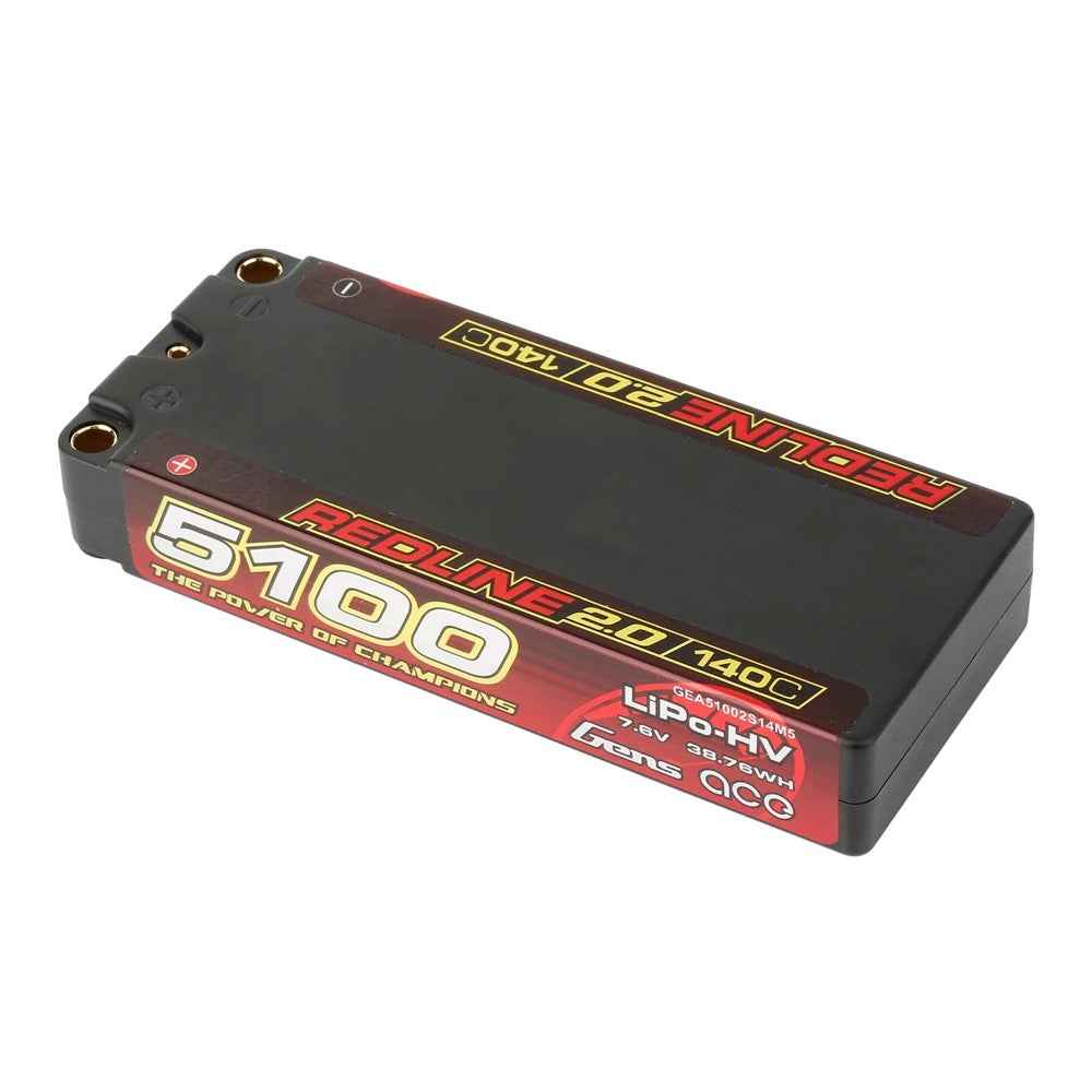 Gens Ace 2S Redline 2.0 5100mAh 140C 7.6V Hardcase Lipo Battery (5.0mm Bullet) - Image 2