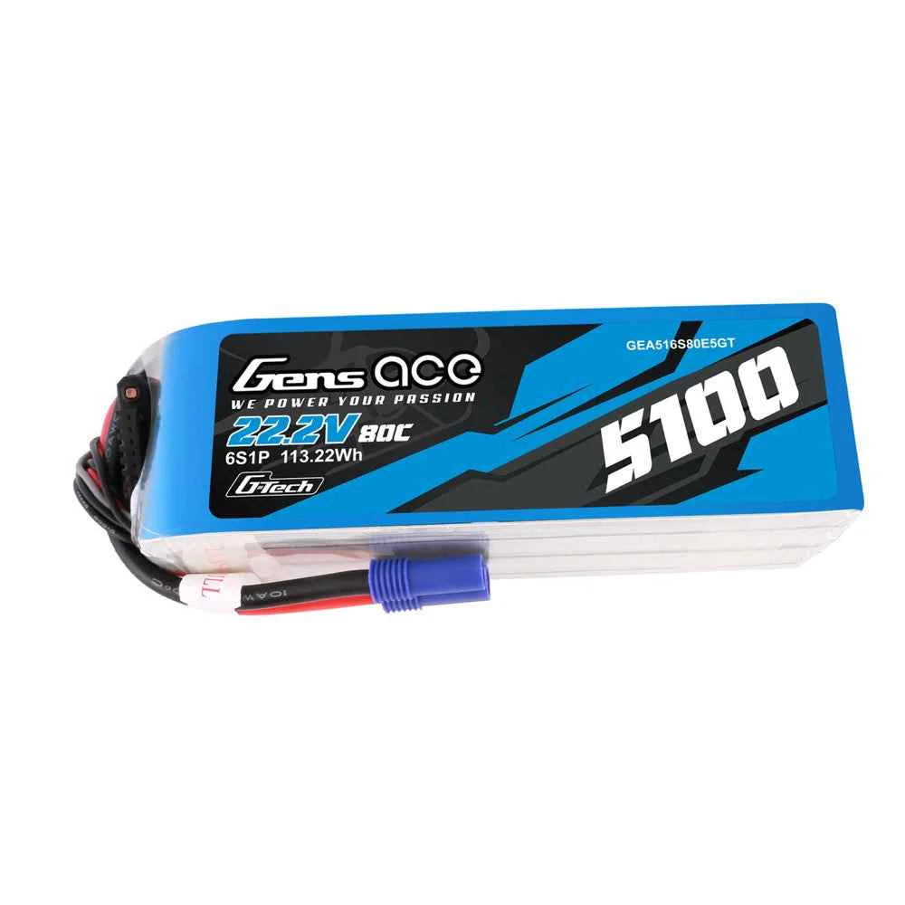 Gens Ace G-Tech 6S 5100mAh 80C 22.2V Soft Pack Lipo Battery (EC5)
