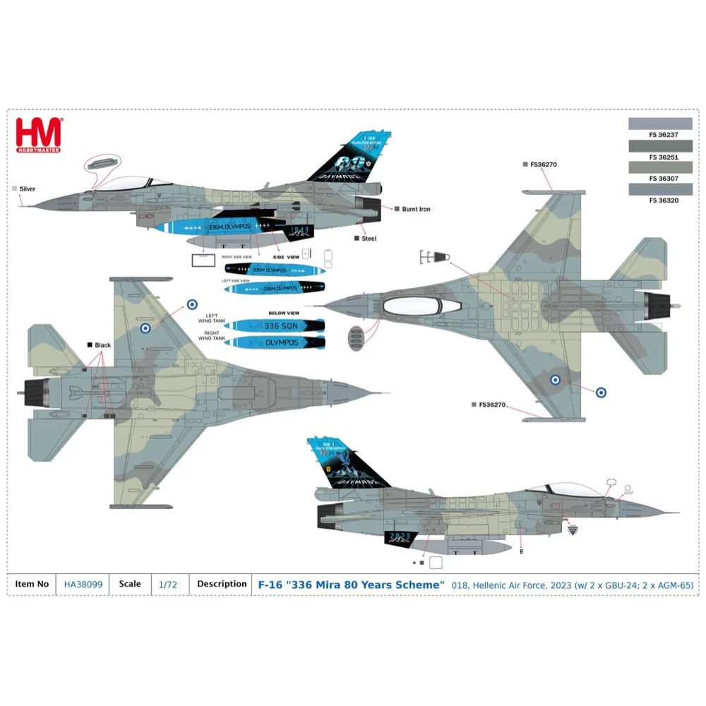 Hobby Master 38099 1/72 F-16 336 Mira 80 Years Scheme 018, Hellenic Air Force, 2023 w/ 2 x GBU-24; 2 x AGM-65 - Image 10