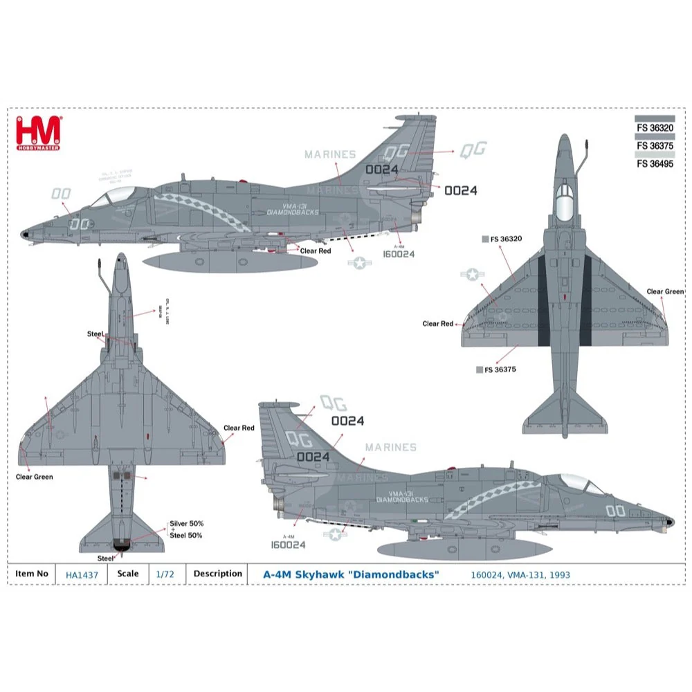Hobby Master HA1437 1/72 A-4M Skyhawk Diamondbacks 160024 VMA-131 US Marines 1993 - Image 12
