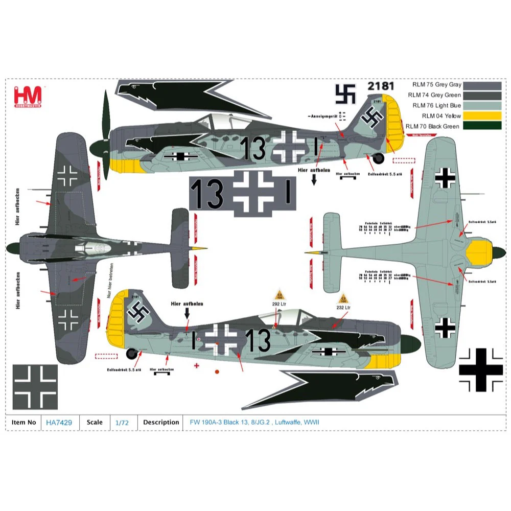 Hobby Master HA7429 1/48 FW 190A-3 Black 13 8/JG.2 Luftwaffe WWII - Image 12