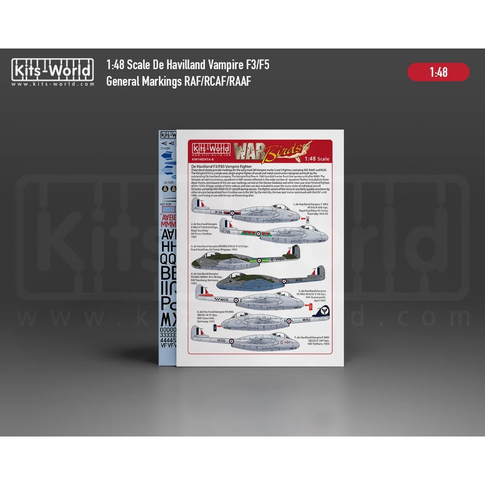 Kits World 148247AB 1/48 Decal for De Havilland Vampire Mk.3/Mk.5 - Image 3