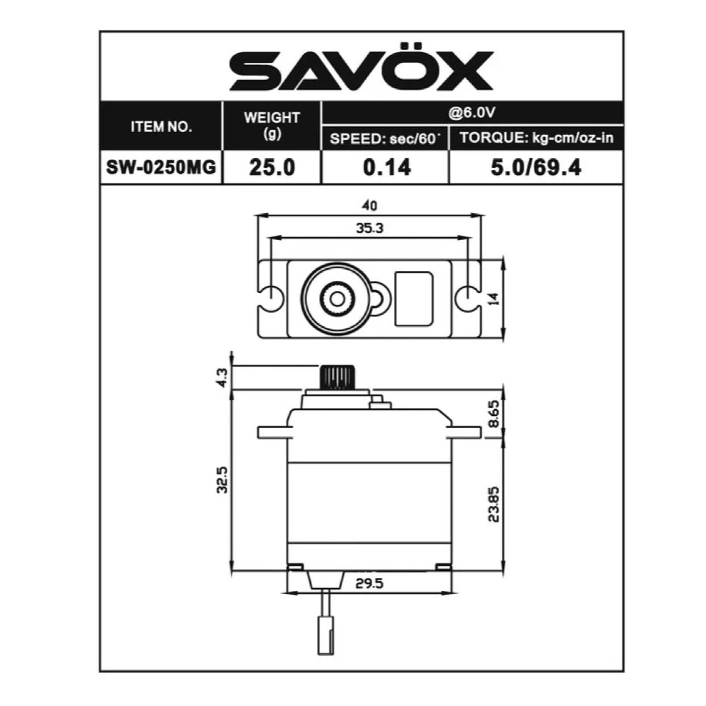 Savox SW-0250MG Micro Waterproof Servo - Image 2