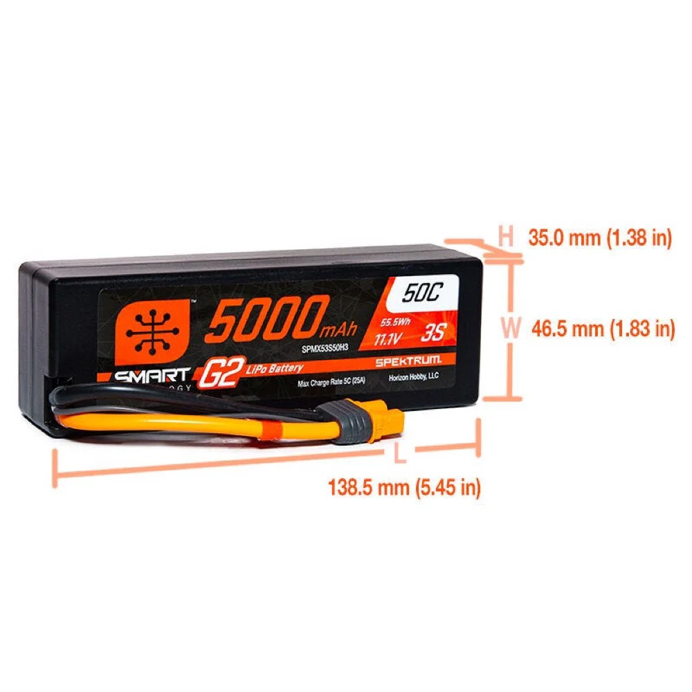 Spektrum SPMX53S50H3 5000mAh 3S 11.1V 50c Smart G2 Hard Case LiPo Battery with IC3 Connector - Image 2