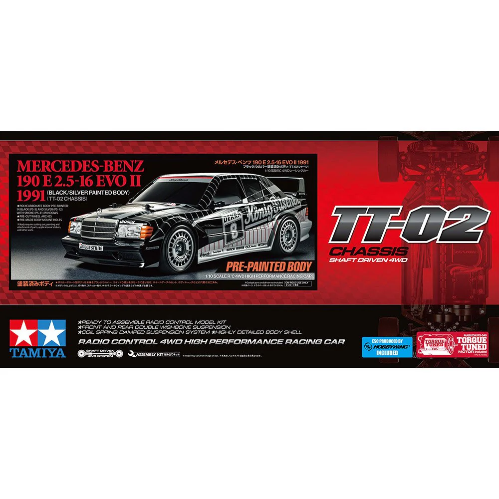 Tamiya 47525 1/10 1991 Mercedes-Benz 190 E 2.5-16 EVO II RC Car Kit with Blasil Black/Silver Painted Body (TT-02) - Image 2