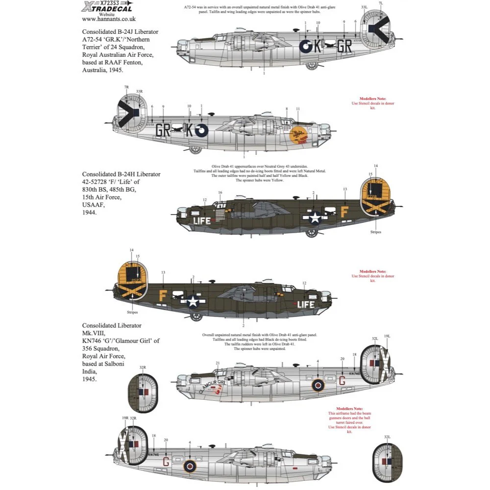Xtradecal 72353 1/72 Late War Consolidated B-24 Liberator Collection Pt2 Decal Set - Image 3