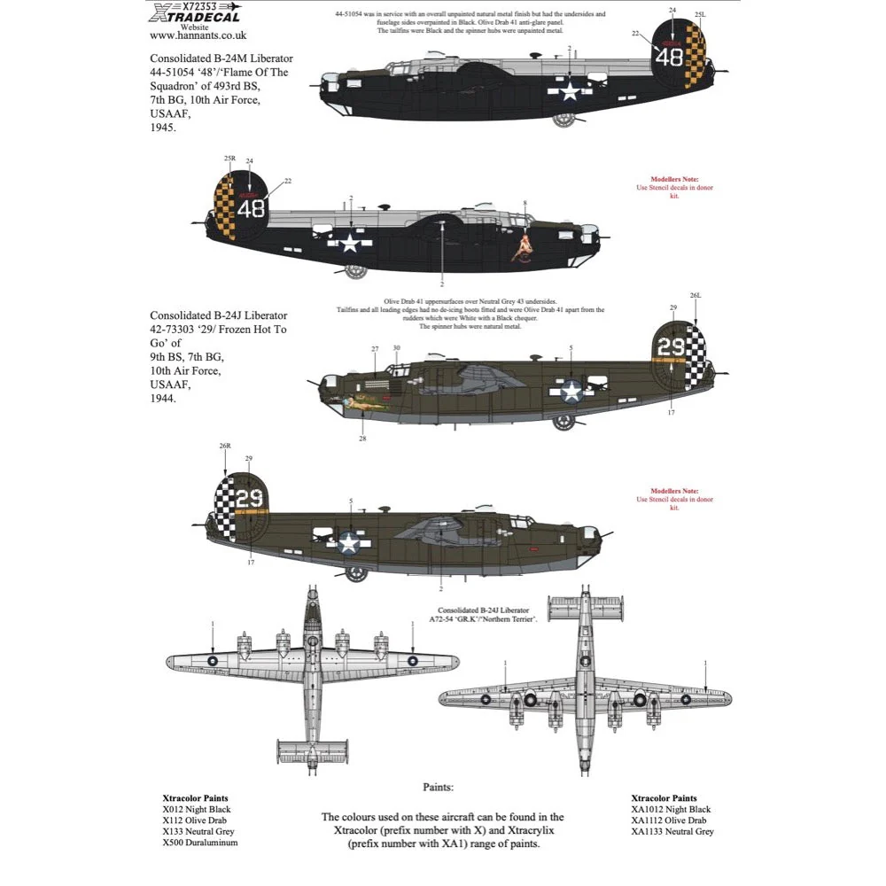 Xtradecal 72353 1/72 Late War Consolidated B-24 Liberator Collection Pt2 Decal Set - Image 4